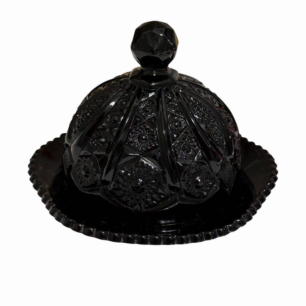 Vintage Tiara Indiana Glass Black Monarch Covered Domed Daisy Butter Cheese Dish